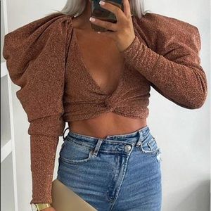NEW * Twist Front Gigot Sleeve Chocolate Crop Top